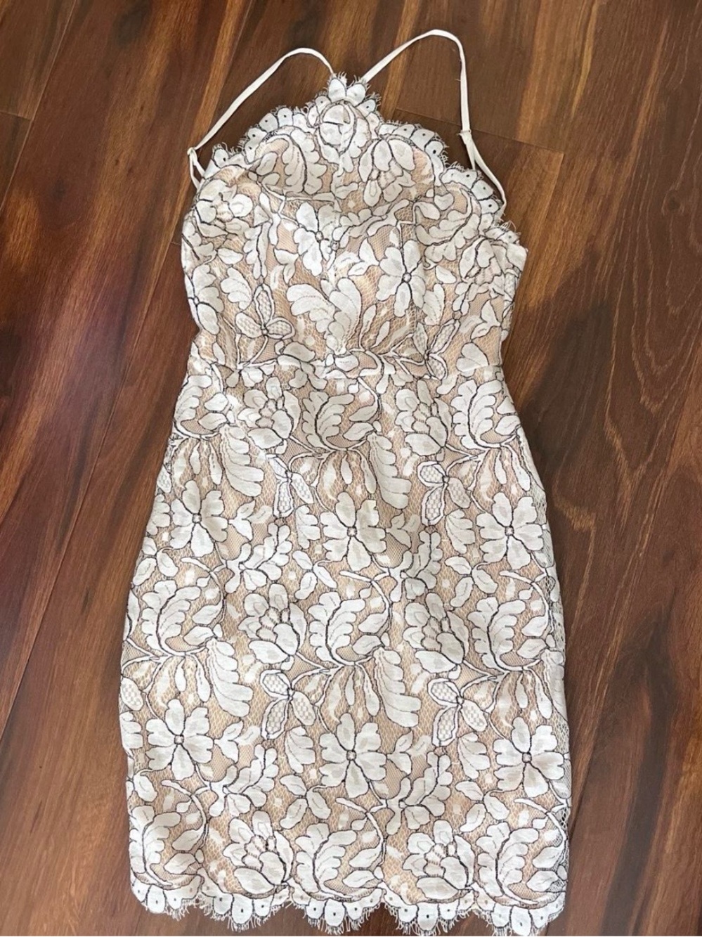 Lulu's Beige and White Lace Floral Halter Mini Dress